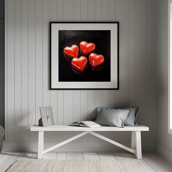 Moody Romantic Four Red Heart Shaped Candies Painting Vintage Goth Dark Academia Valentines Day Food Art Print