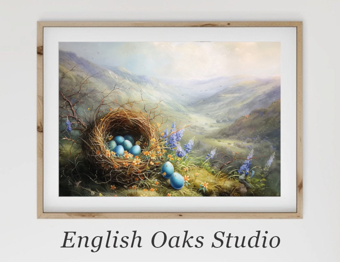 Bird Nest with Blue Eggs and Bluebells Spring Valley View Wall Art
