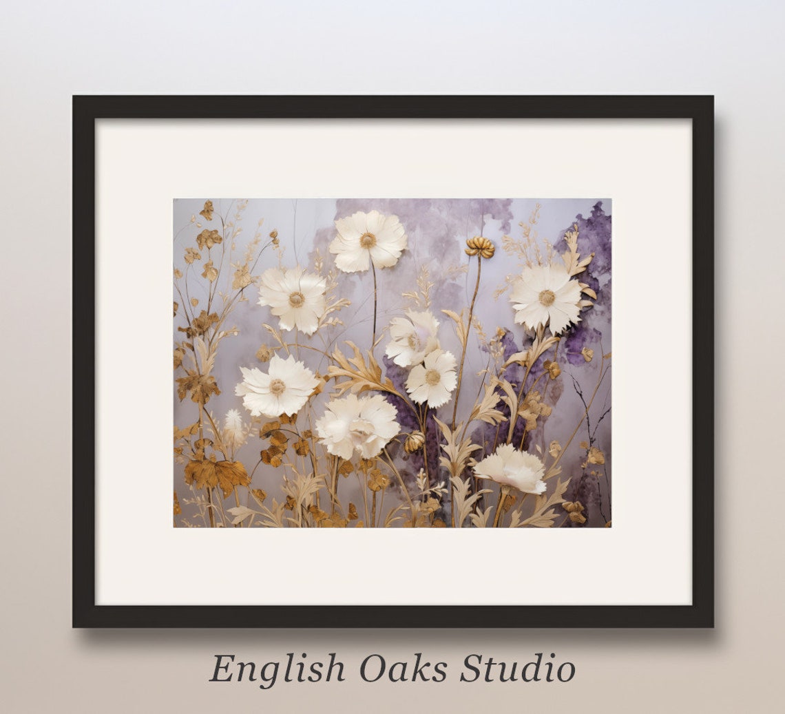 White Wildflowers on Lavender Botanical Floral Oil Painting Poster