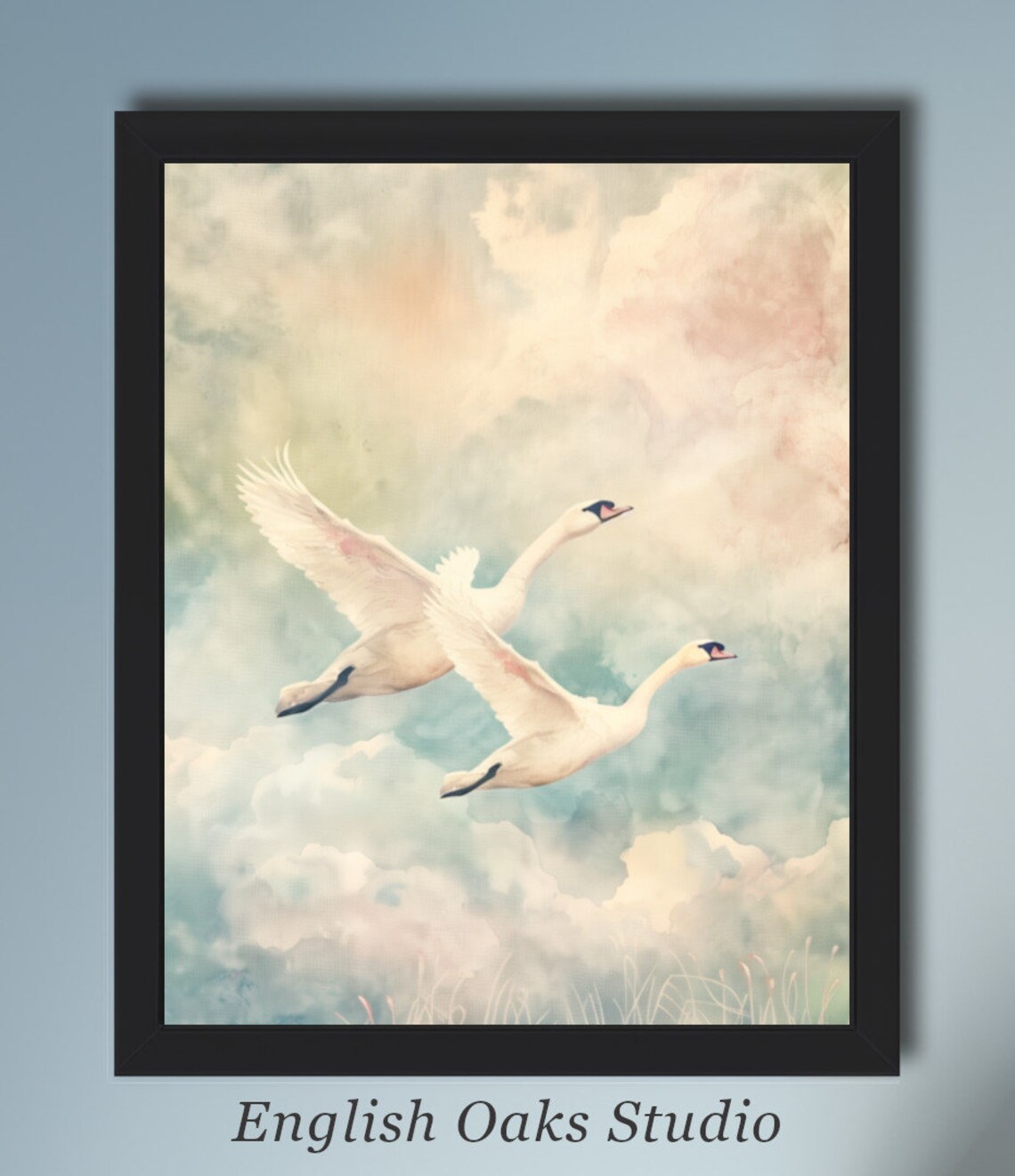 Pair Of Flying Swans, Neutral Bird Wall Art Print