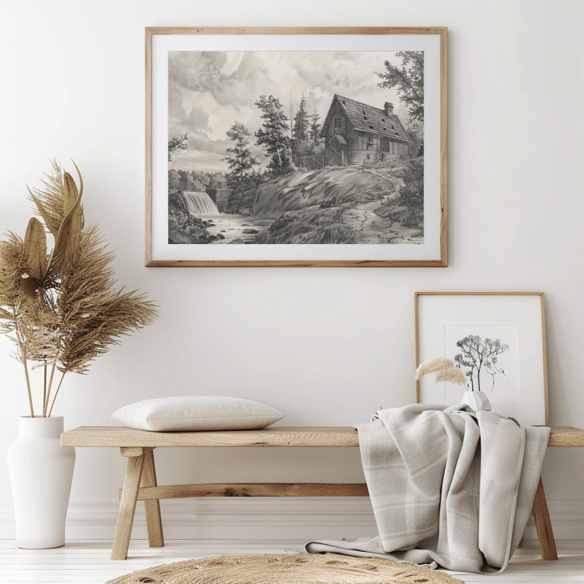 Vintage Pencil Sketch Of Wooden Mill House By Waterfall Stream Poster - Image 2