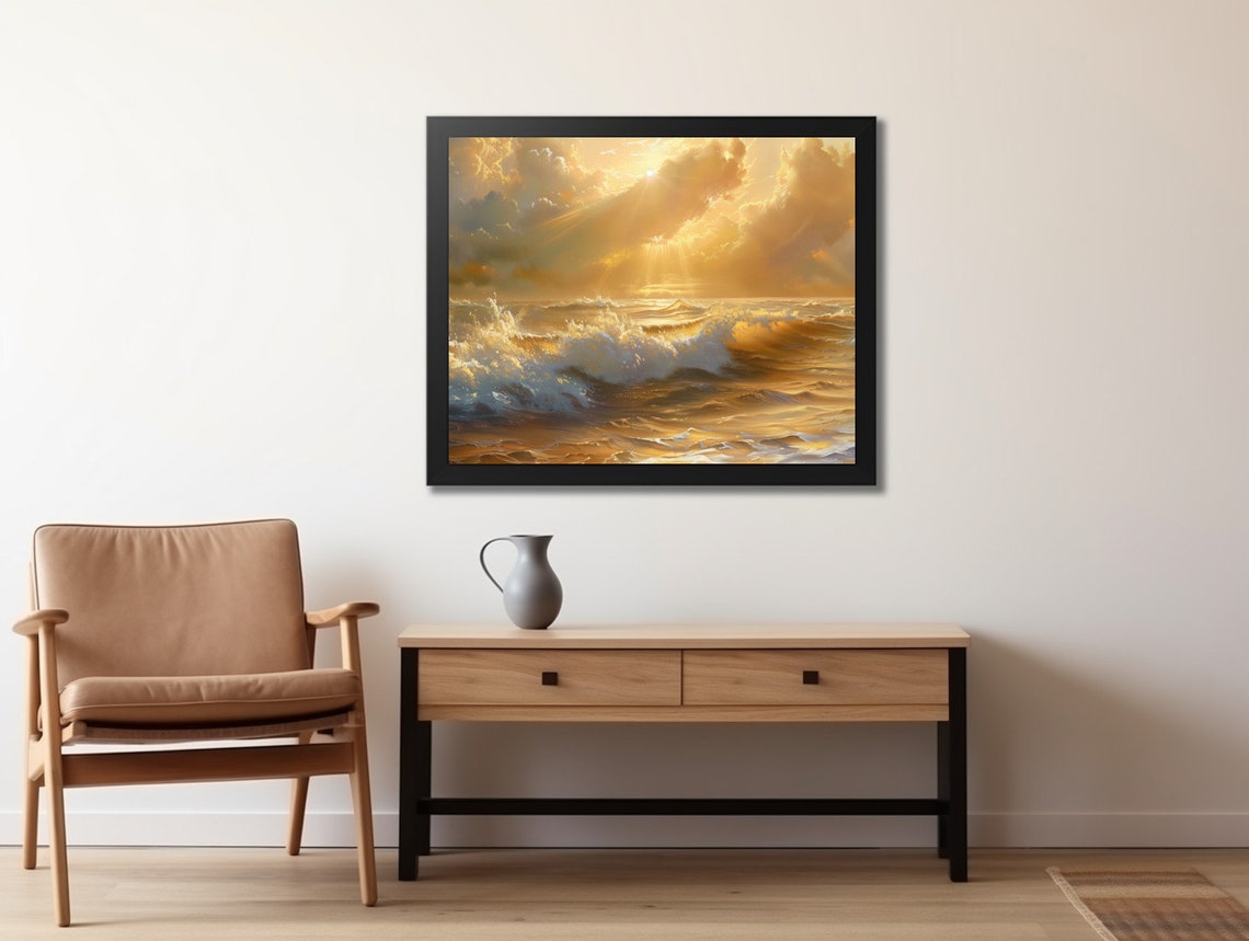 Golden Sunset Ocean Waves Dramatic Sunburst Clouds Seascape Poster - Image 2