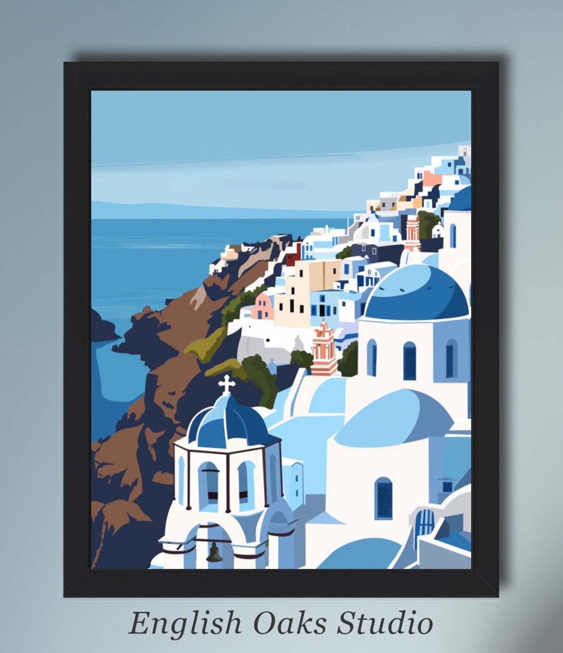 Santorini Blue Domes Bell Tower Aegean Cliffs Greece Travel Poster