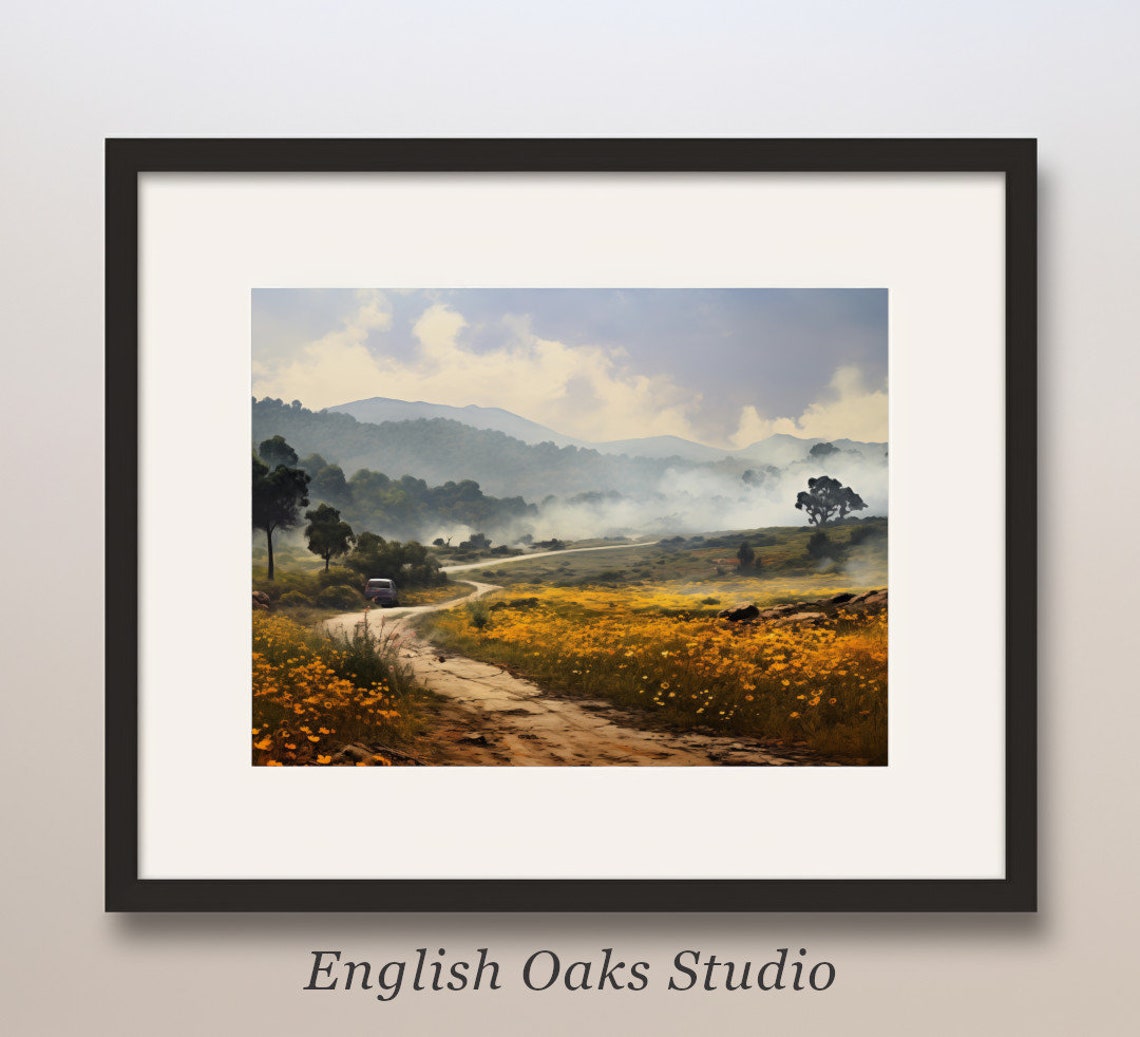 Winding Dirt Road Through Yellow Wildflower Fields Art Poster
