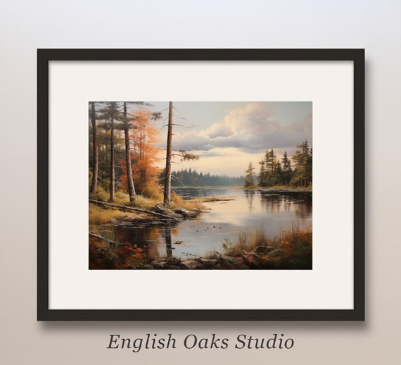 Vintage Fall Forest Near A Lake Oil Painting Mountain Lake Landscape Wall Print Art