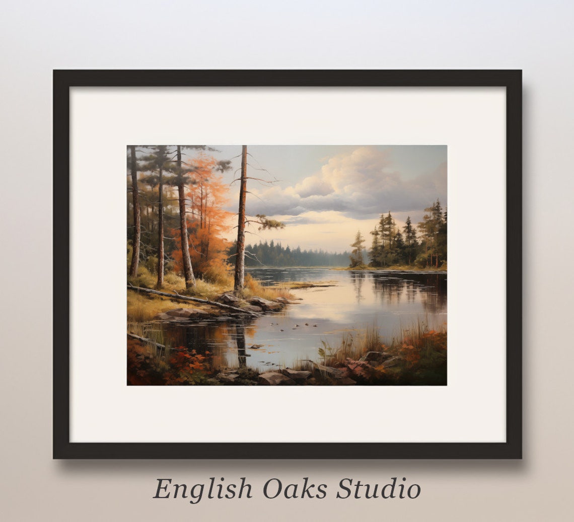 Fall Forest by a Mirror Lake Mountain Landscape Oil Painting Poster