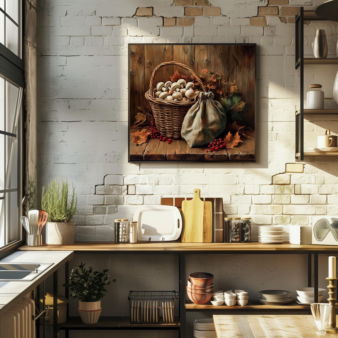 Basket of Mushrooms with Cloth Sack and Berries Rustic Autumn Still Life Poster - Image 2