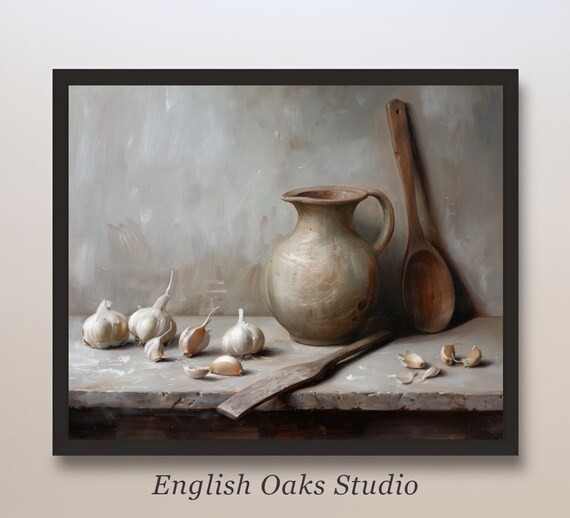 Garlic Clay Pitcher Wooden Spoon Still Life Rustic Kitchen Painting Poster