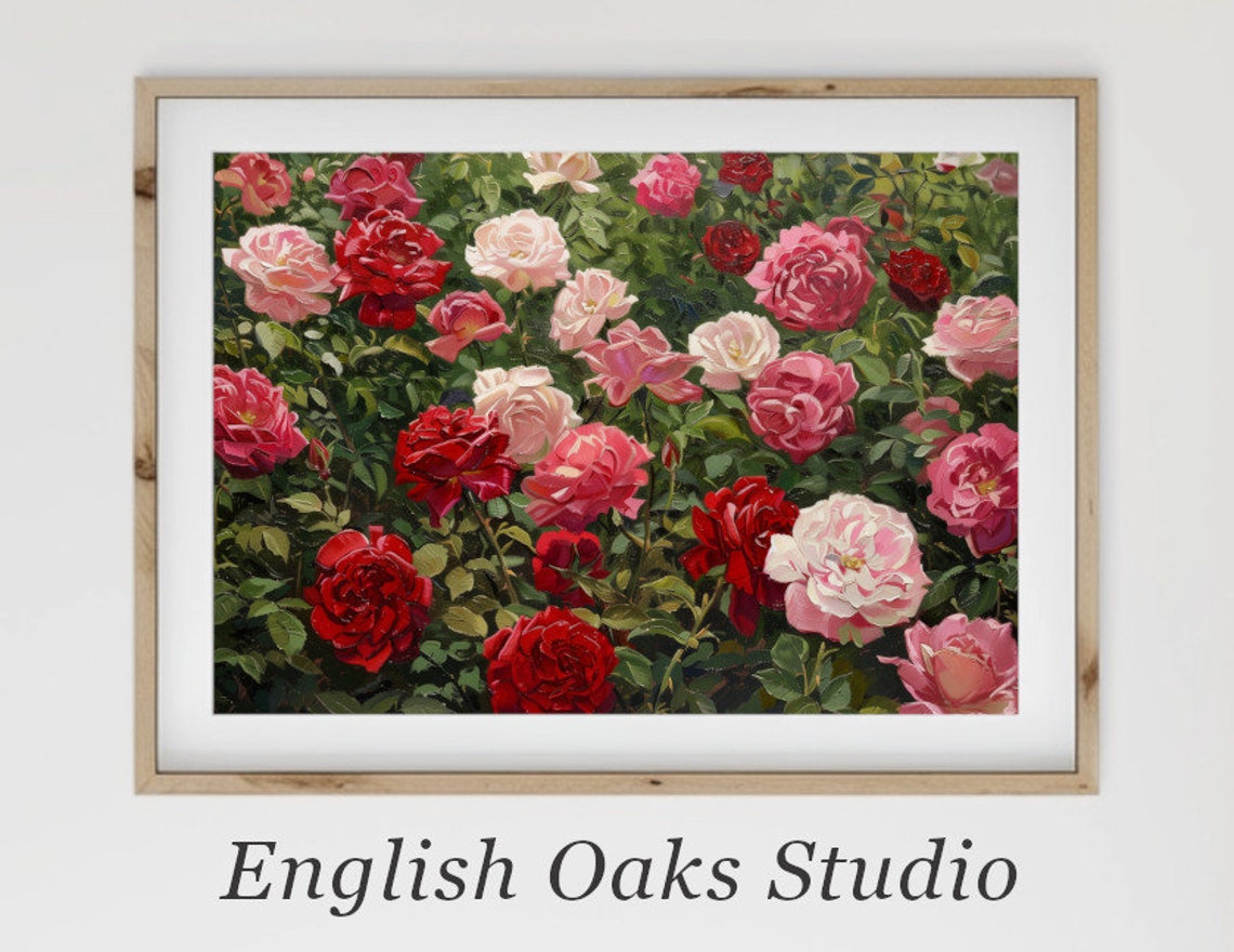 Pink Red Roses Garden Painting Lush Blooming Rose Bushes Wall Art
