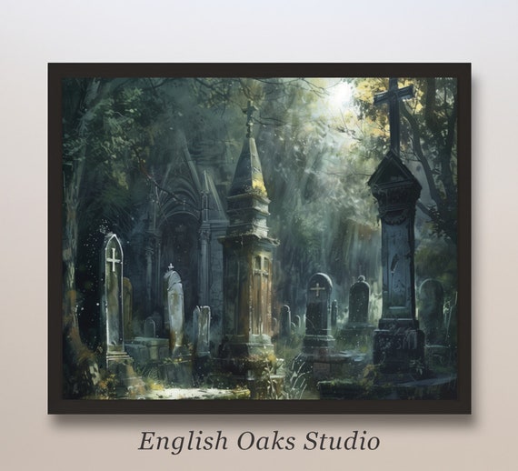 Dark Academia Goth Halloween Wall Art Haunted Cemetery Print Muted Neutral Moody Graveyard Painting