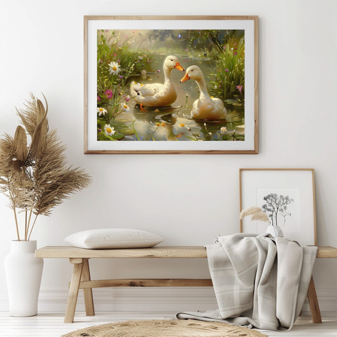 Sweet Two White Ducks Swimming on a Flower Pond Spring Art Poster - Image 2