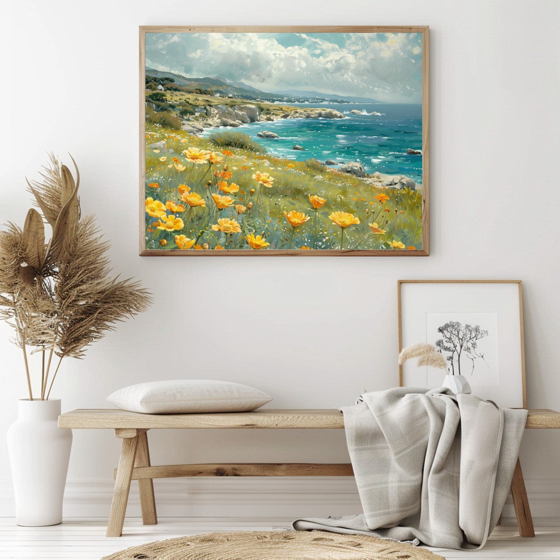 Coastal Wildflower Field Yellow Blooms Turquoise Ocean Cliffs Poster - Image 2