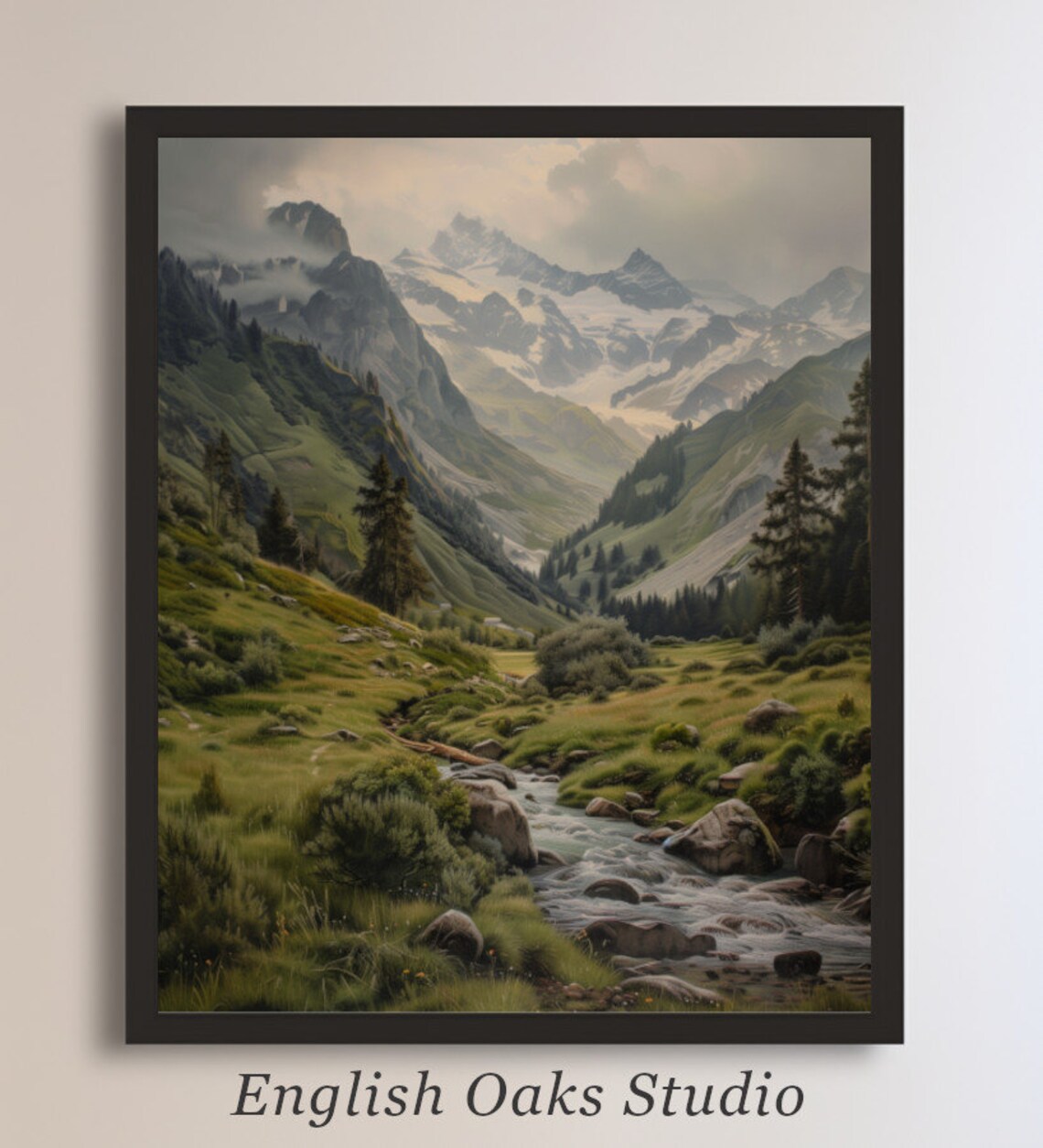 Moody Mountain River, Vintage Alpine Landscape Print