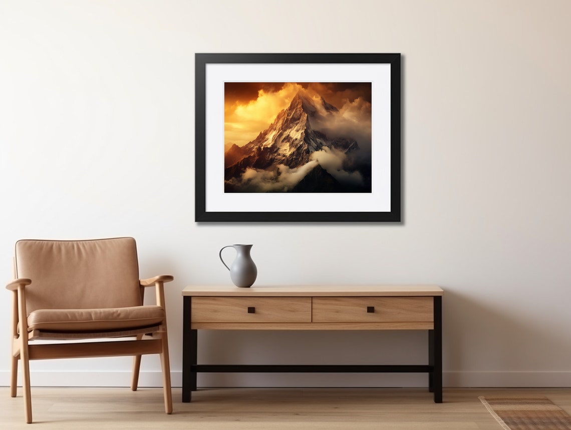 Snow Capped Mountain Peak in Fiery Orange Sunset Glow Poster - Image 2
