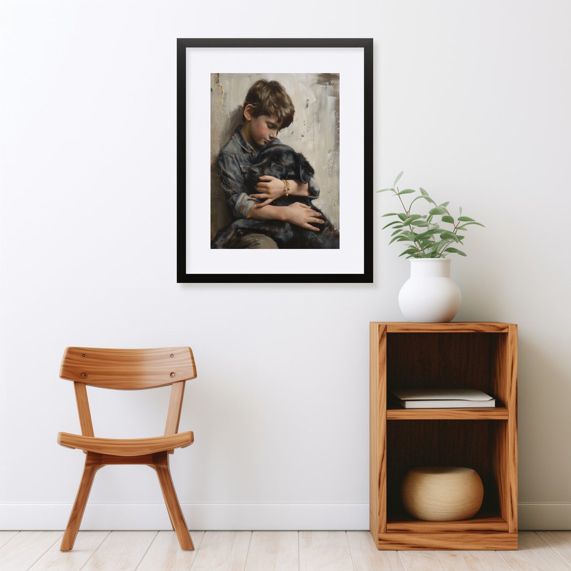 Boy Hugging Black Dog Tender Vintage Portrait Painting Wall Art - Image 2