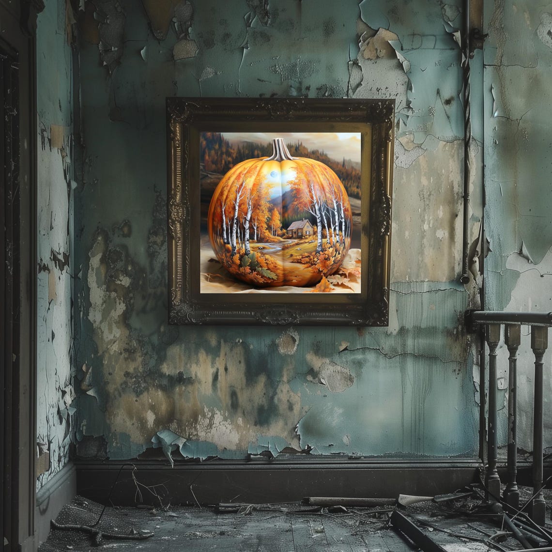 Hand Painted Pumpkin with Autumn Birch Forest Cabin Scene Poster - Image 2