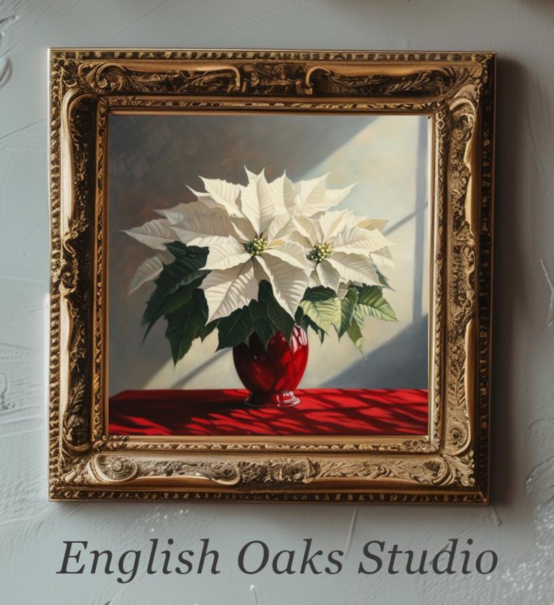 White Poinsettia In Red Vase On Red Velvet Holiday Still Life Poster