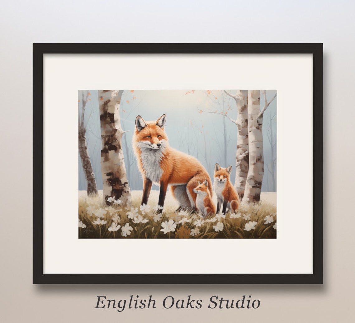 Mama Fox and Cubs Birch Forest Spring Wildflower Oil Art Poster