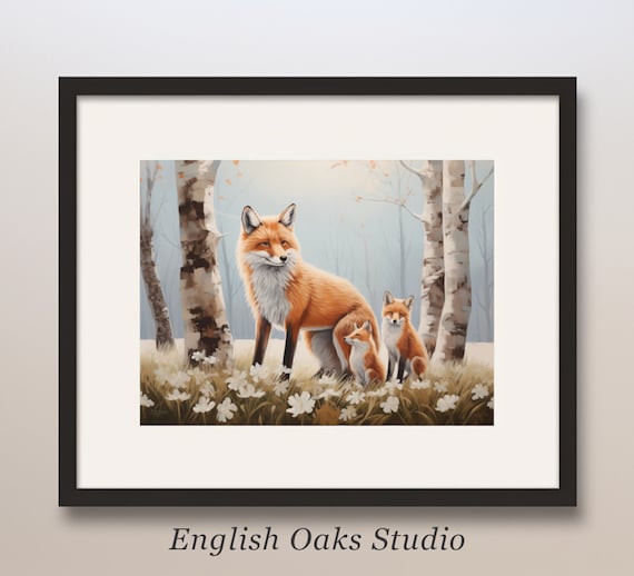 Mama Fox and Cubs Birch Forest Spring Wildflower Oil Art Poster