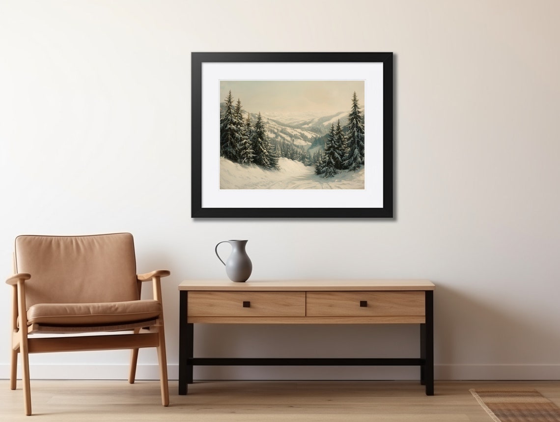Winter Pine Forest Path Painting Snowy Valley Landscape Poster - Image 2