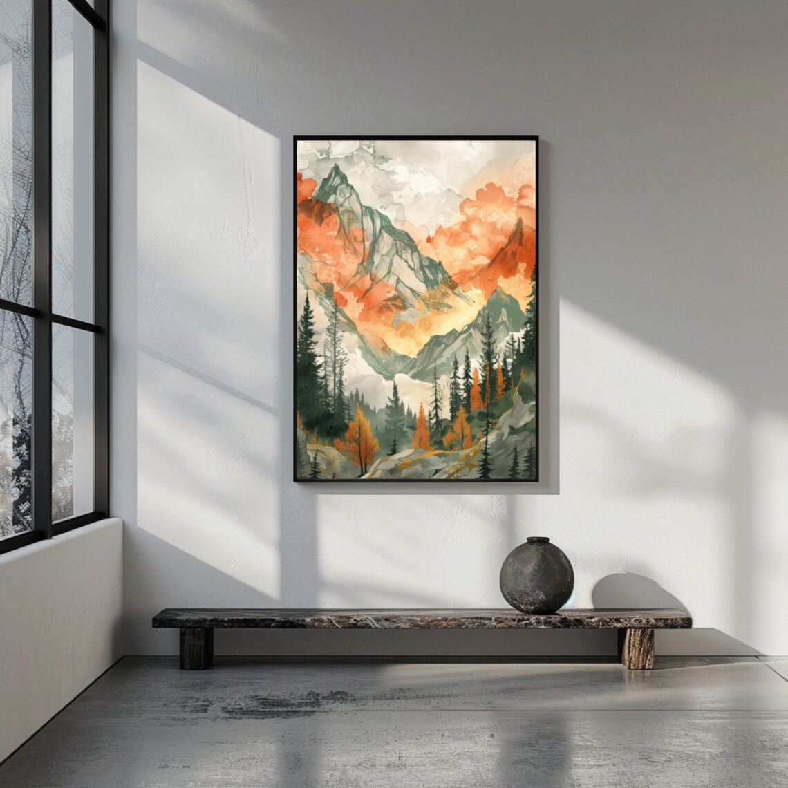 Watercolor Mountains Evergreen Trees Orange Sky Modern Wall Art - Image 2