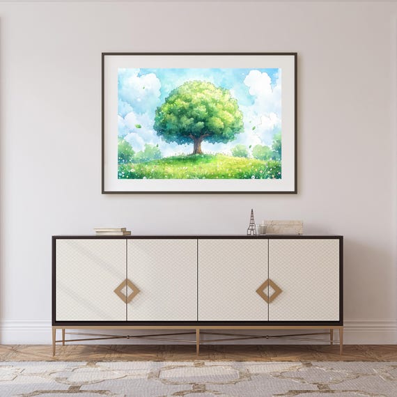 Beautiful Tree Landscape Painting Colorful Nature Wall Art Tranquil Artwork Calm Decor Serene Print