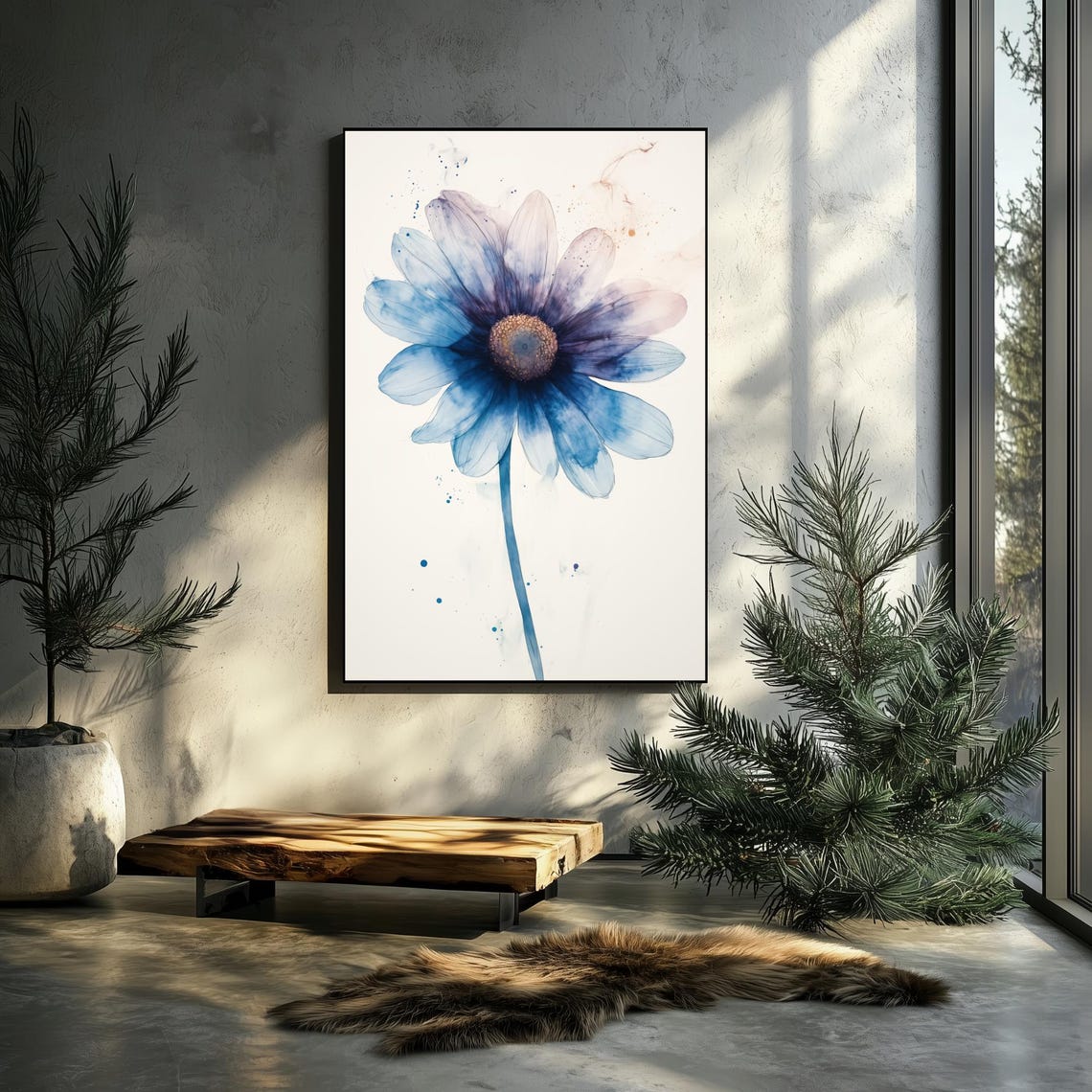 Beautiful Blue Daisy Watercolor Large Bloom Modern Floral Wall Art