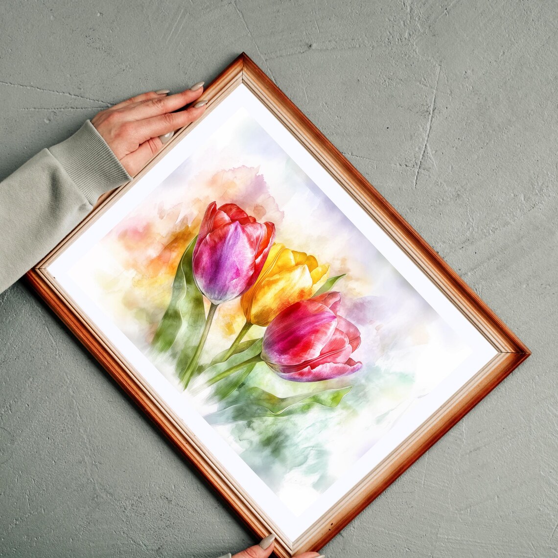 Colorful Tulips Watercolor Pink Purple Yellow Floral Wall Art
