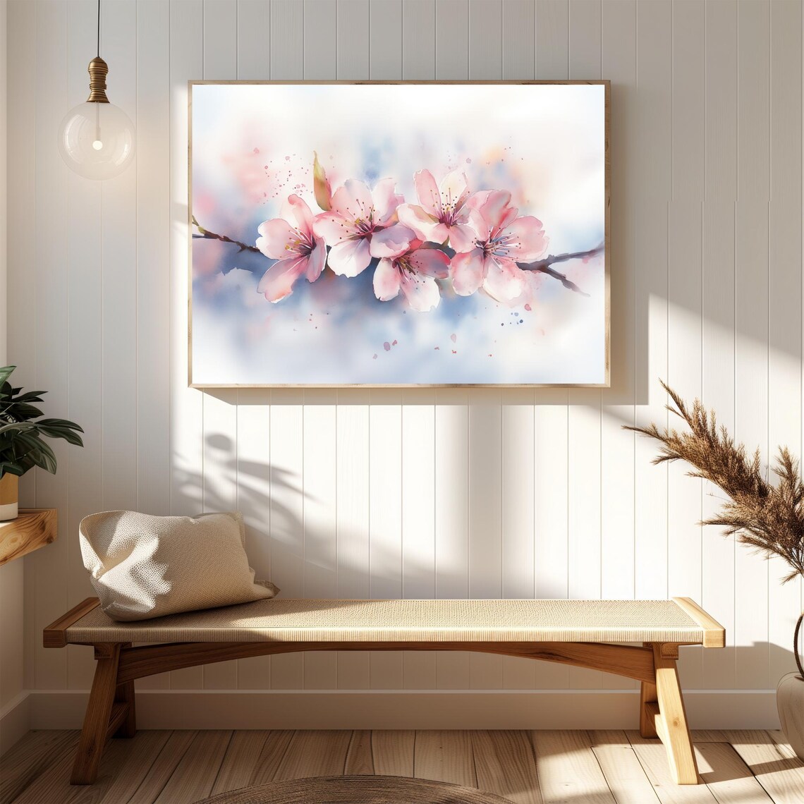 Beautiful Cherry Blossom Branch Watercolor Soft Pink Floral Wall Art