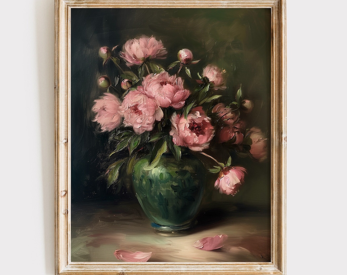 Dark Floral Pink Peonies Still Life Oil Painting Style Poster