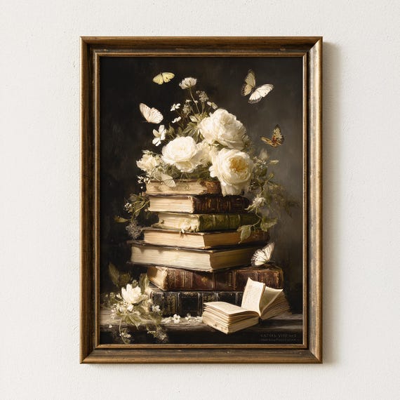 Vintage Books And Flowers Art Print, Dark Academia Still Life