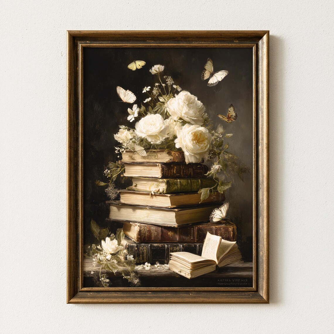 Vintage Books And Flowers Art Print, Dark Academia Still Life