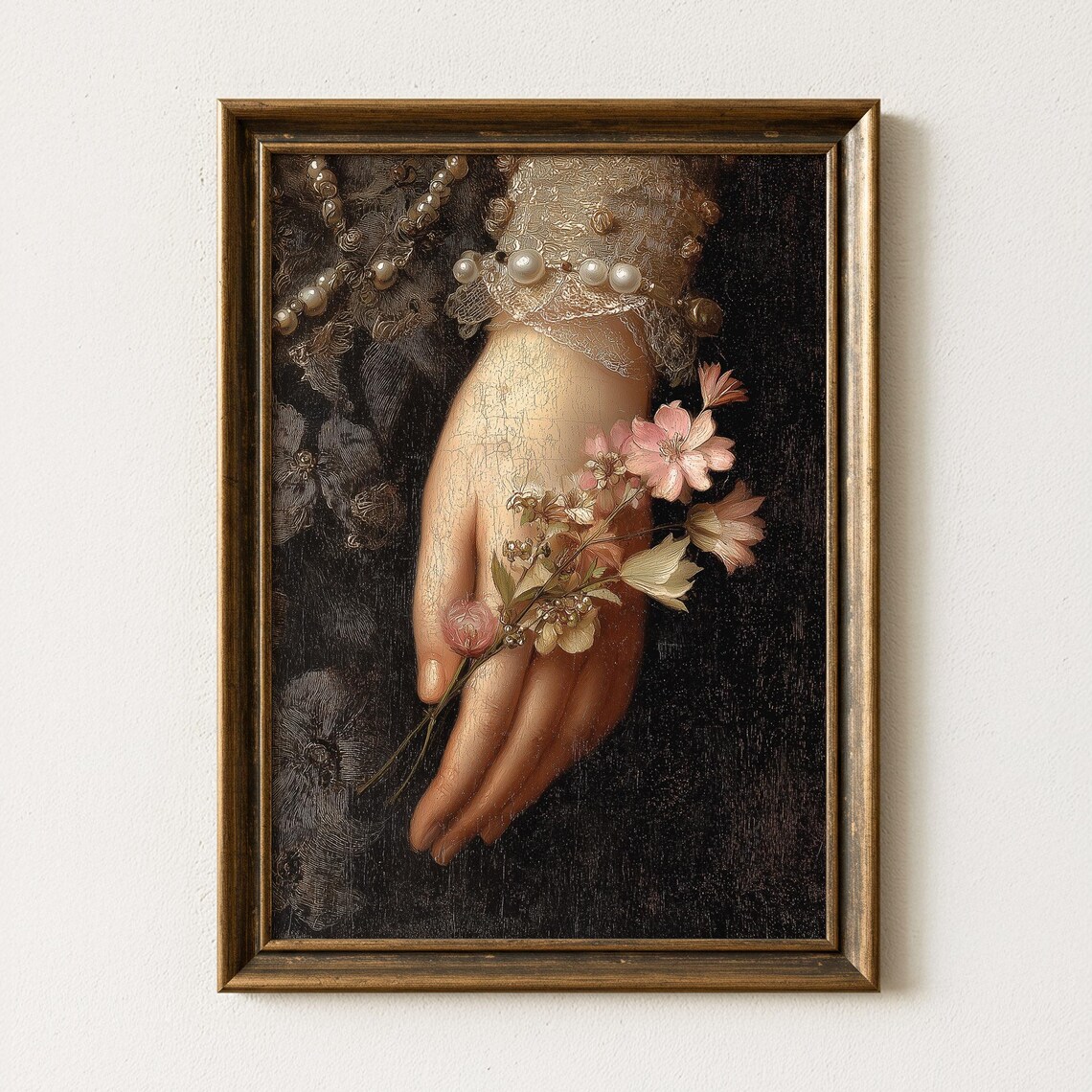 Victorian Hand Holding Flowers with Pearl Bracelet Dark Baroque Poster