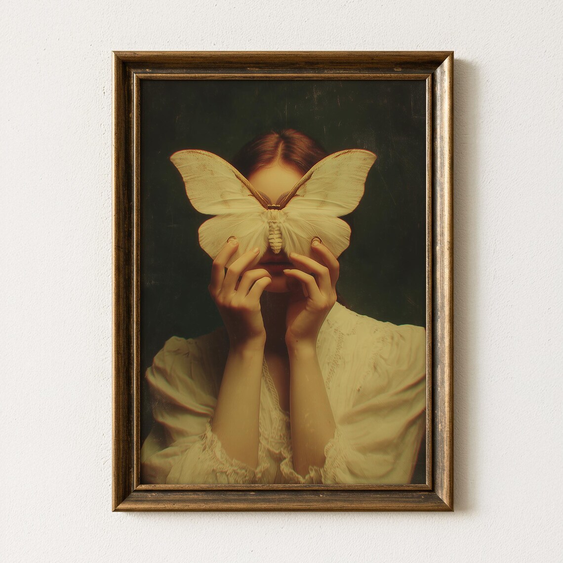 Woman Holding Giant White Moth Over Face Surreal Dark Gothic Poster