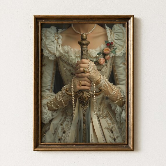 Regal Victorian Woman in White Lace Gown Holding Ornate Sword Poster