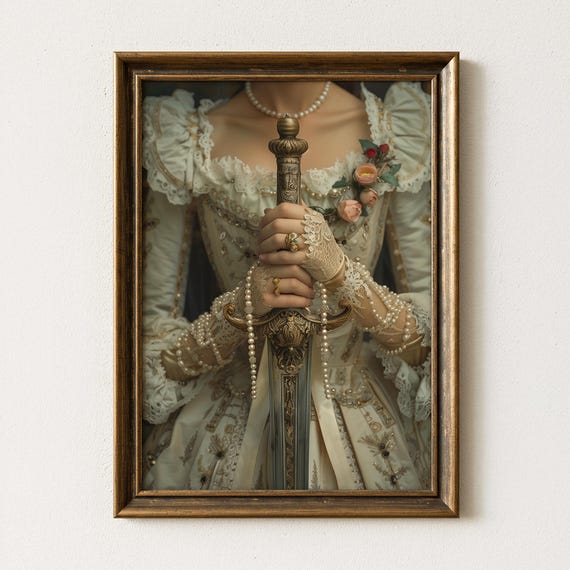 Victorian Lady With Sword Art Print Regal Renaissance Portrait Elegant Historical Woman Painting Baroque Wall Royal Decor