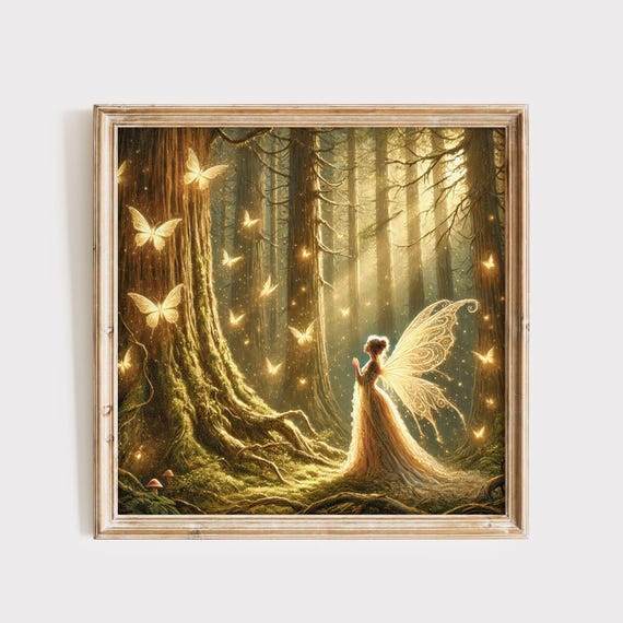 Magical Forest Fairy And Butterflies Painting Wall Art For Nursery