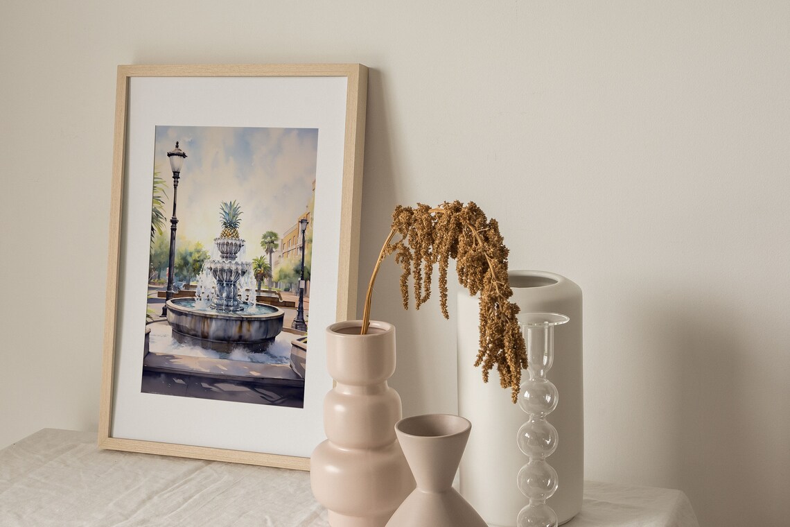 Pineapple Fountain Charleston Watercolor Travel Poster - Image 3