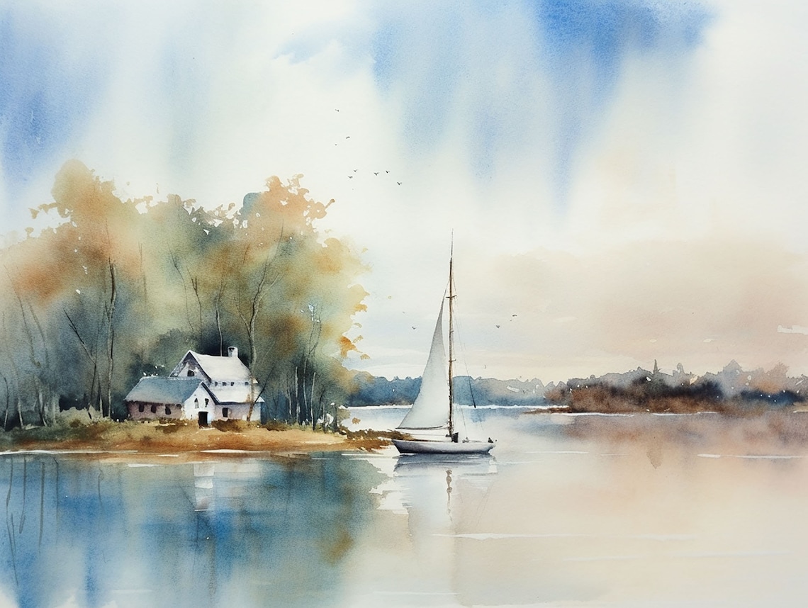 Michigan Lake Sailing Landscape Watercolor Art Print