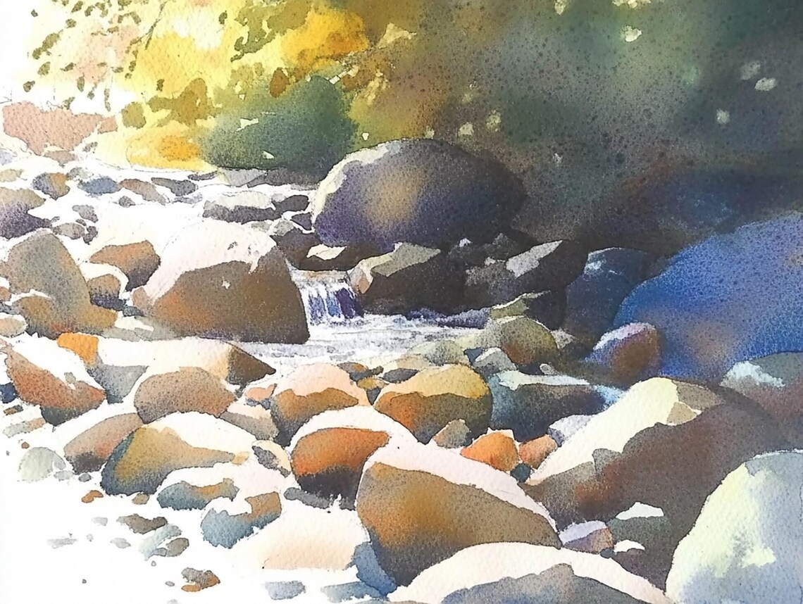Snoqualmie River Watercolor Art Print, Mountain Landscape