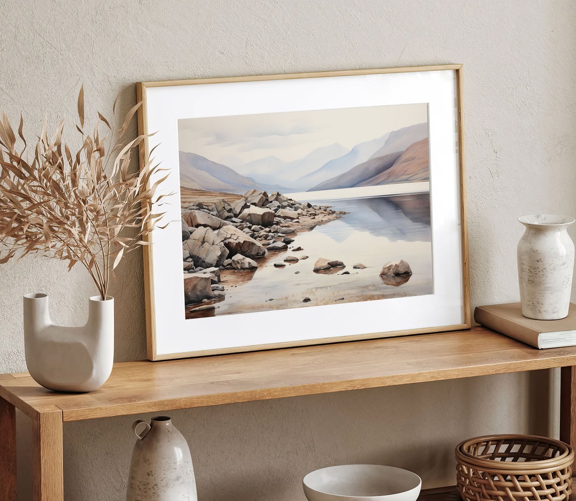 Rocky Lakeshore with Perfect Mountain Reflections Watercolor Poster - Image 5
