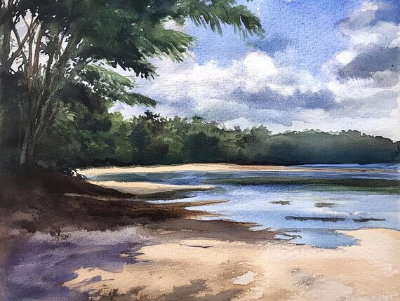 Minas Beach Painting Costa Rica Watercolor Art Print Coastal Wall Art Palm Trees Print Ocean Poster