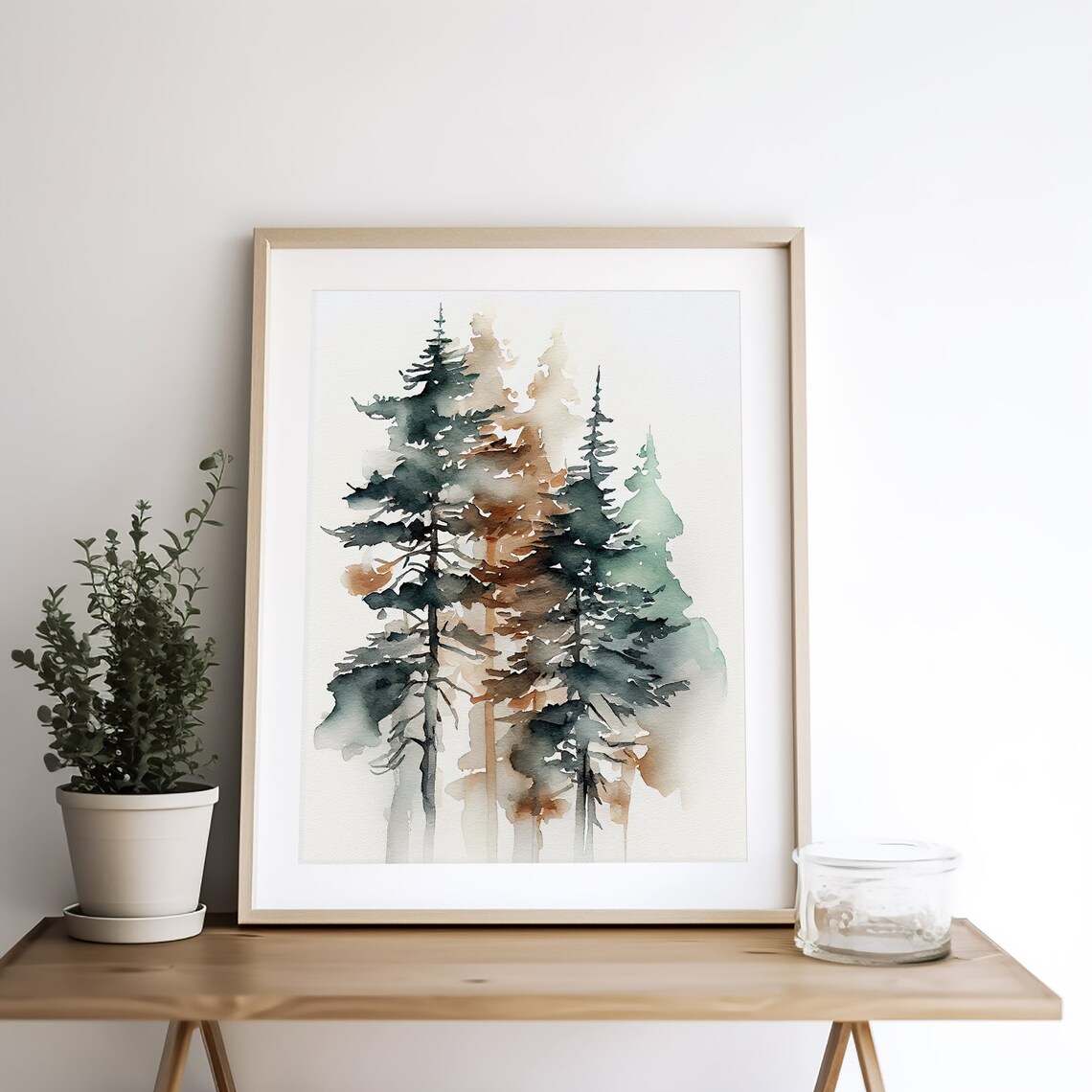 Pine Trees Watercolor Foggy Forest Landscape Art Print - Image 4