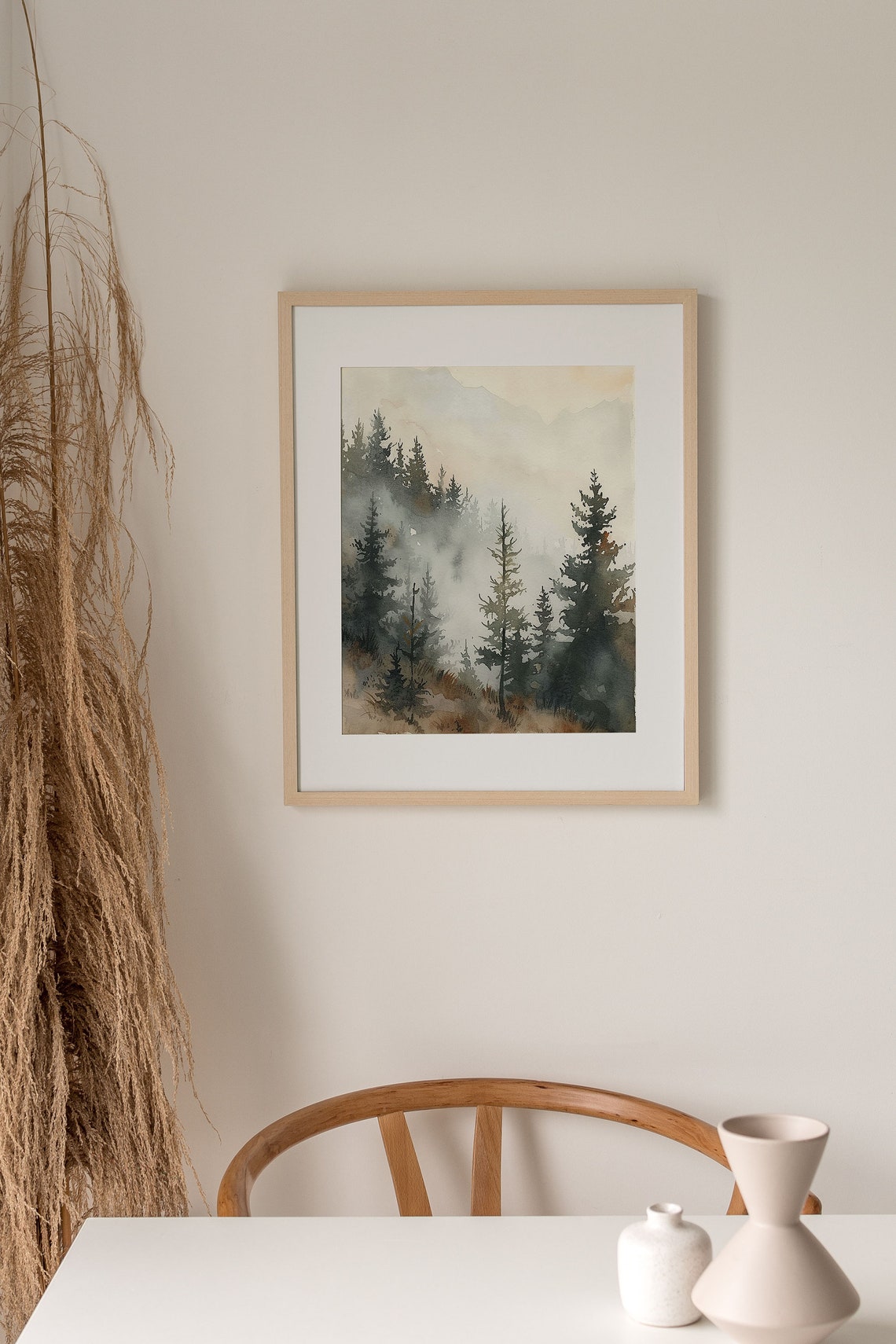 Misty Pine Forest with Foggy Peaks Watercolor Landscape Wall Art - Image 5