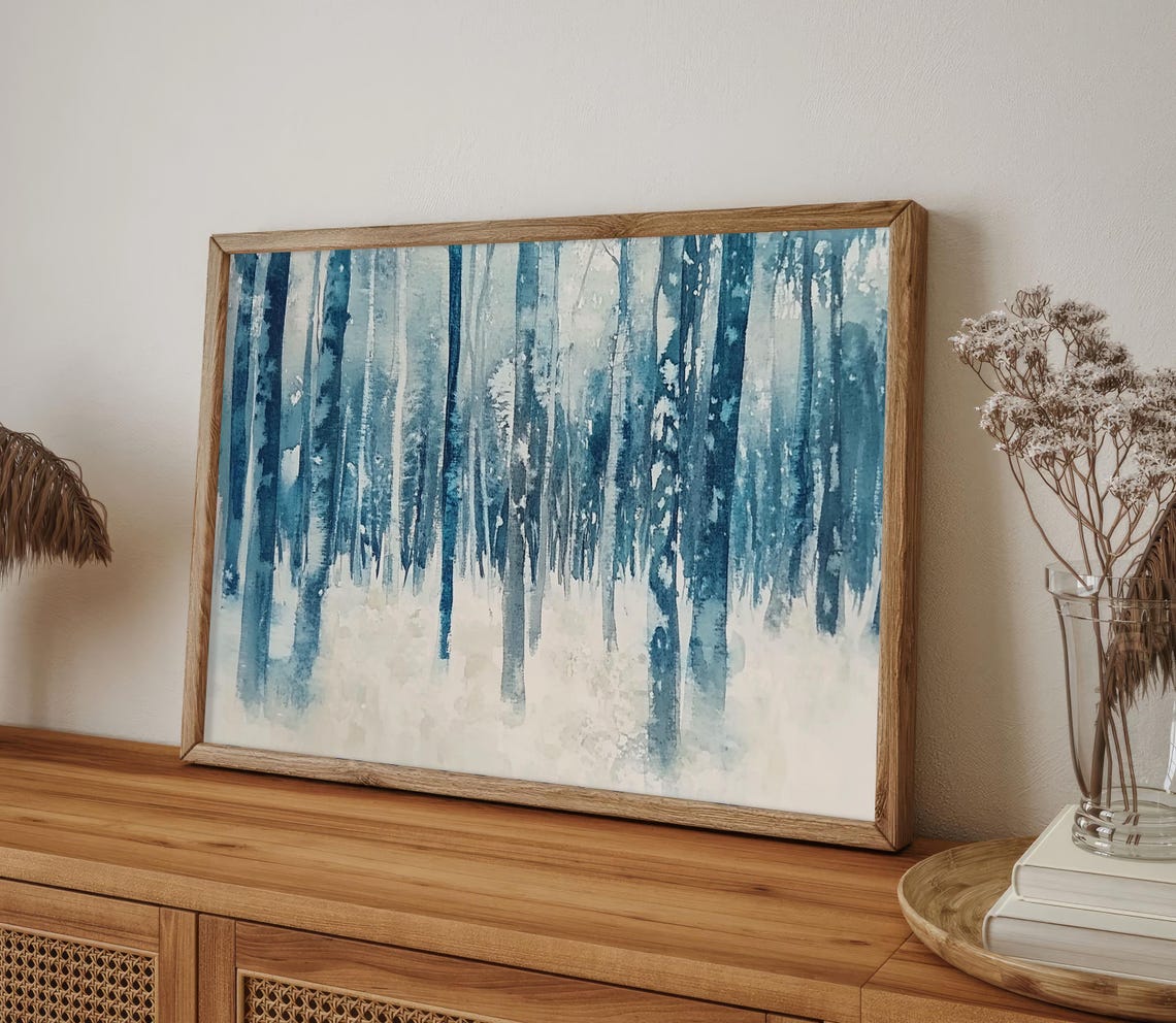 Monochrome Blue Snowy Pine Forest Winter Trees Watercolor Wall Art - Image 4