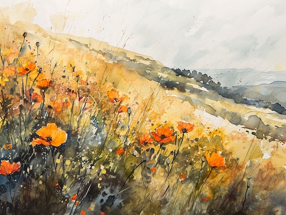 California Poppy Watercolor Art Print, Wildflower Field