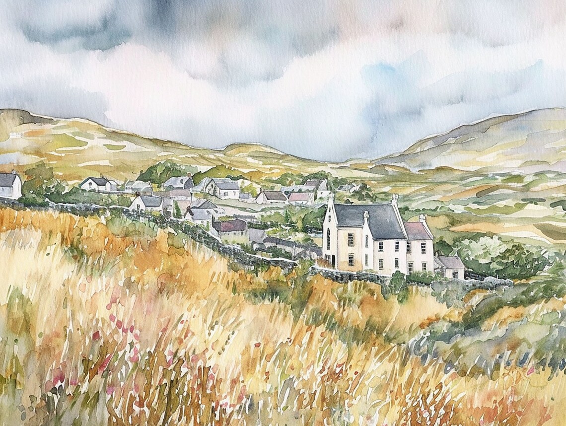 Clifden Ireland Watercolor Art Print, Irish Old Town