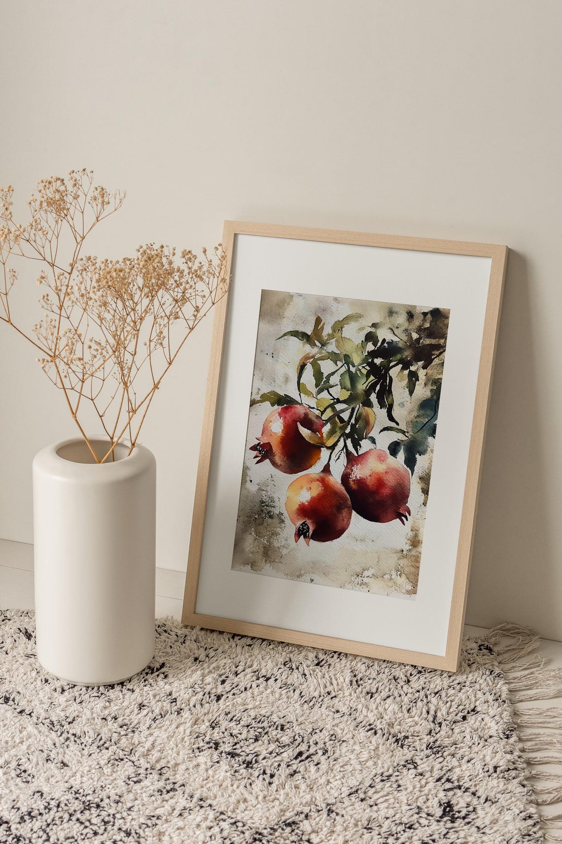 Pomegranates on a Branch Ripe Red Fruit Watercolor Botanical Poster - Image 2
