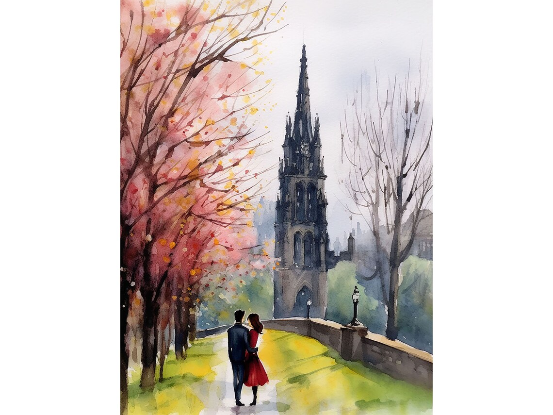 Edinburgh Couple Watercolor Art Print, Scottish Cityscape