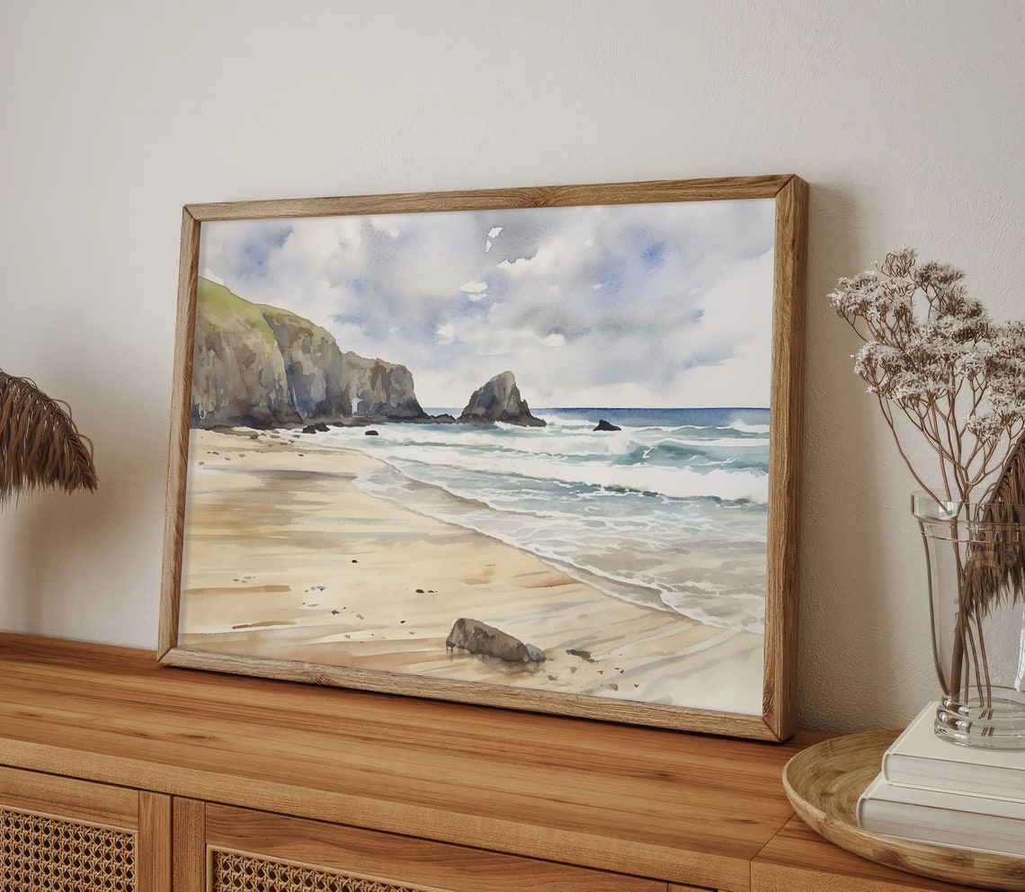 Rugged Cliff Beach with Sea Stack and Rolling Waves Watercolor Poster - Image 3